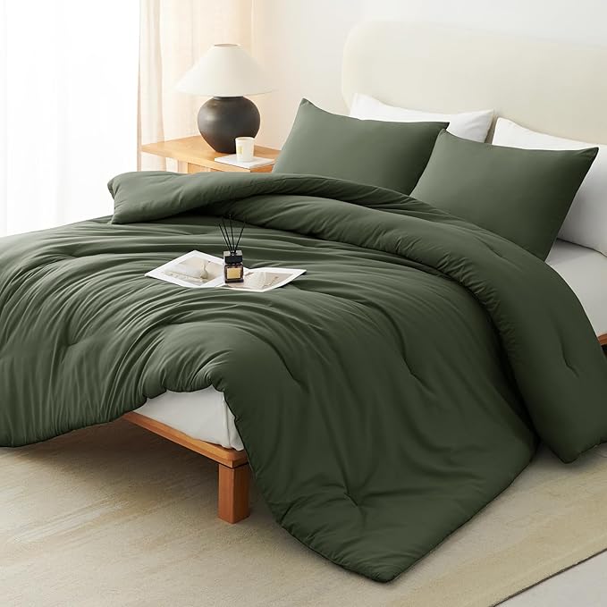 CozyLux Queen Comforter Set Dark Green, 3 Pieces Solid Comforters Queen Size by CozyLux