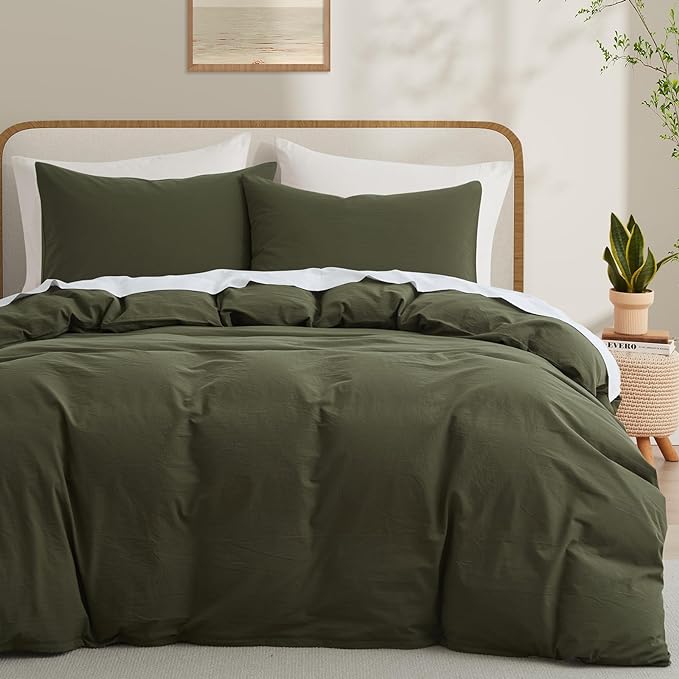 LOVQUE Olive Green Cotton Duvet Cover King Size, Linen Like Natural Bedding Set by LOVQUE