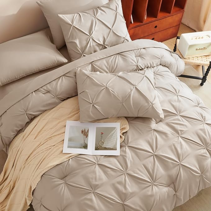 CozyLux Queen Comforter Set Wheat, 7 Pieces Pintuck Bed in A Bag, Premium Wheat - Image 7