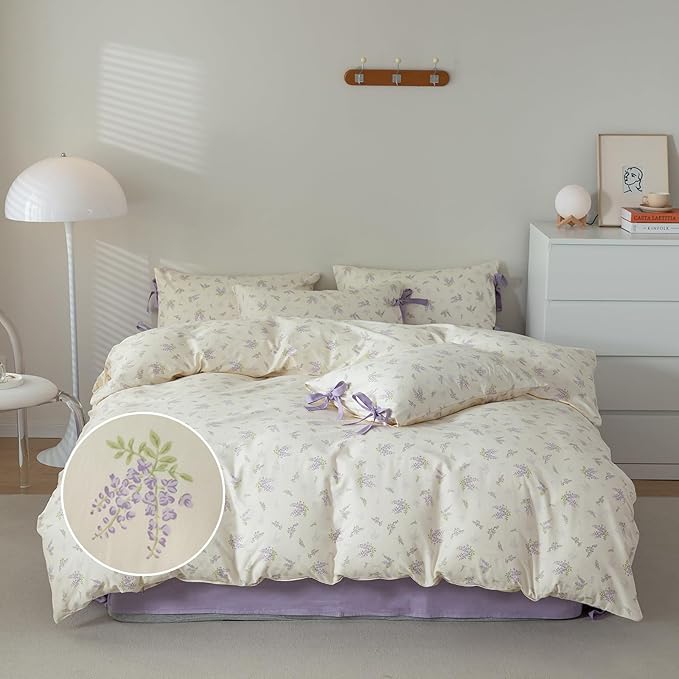 mixinni Cotton Purple Floral Duvet Cover Twin Size Soft Cottage Ribbon Bedding - Image 2