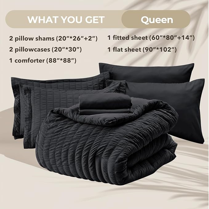 HYMOKEGE Black Queen Comforter Set Seersucker 7 Pieces, All Season Luxury Bed - Image 5