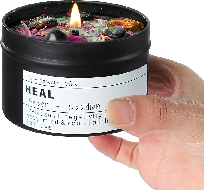 Obsidian Crystal Energy Candle, Good Aura Health Protection, Baltic Amber by Unknown