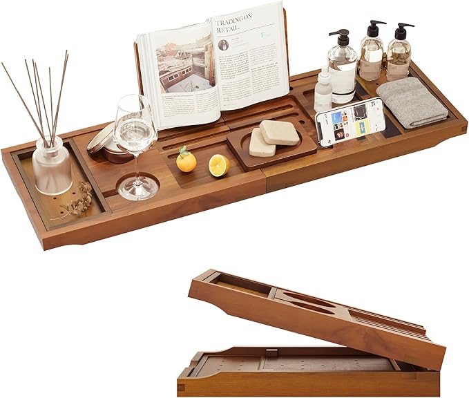 Premium Foldable Teak Bathtub Tray, Expandable Bath Tray by KiasthomeBathroomAccessories