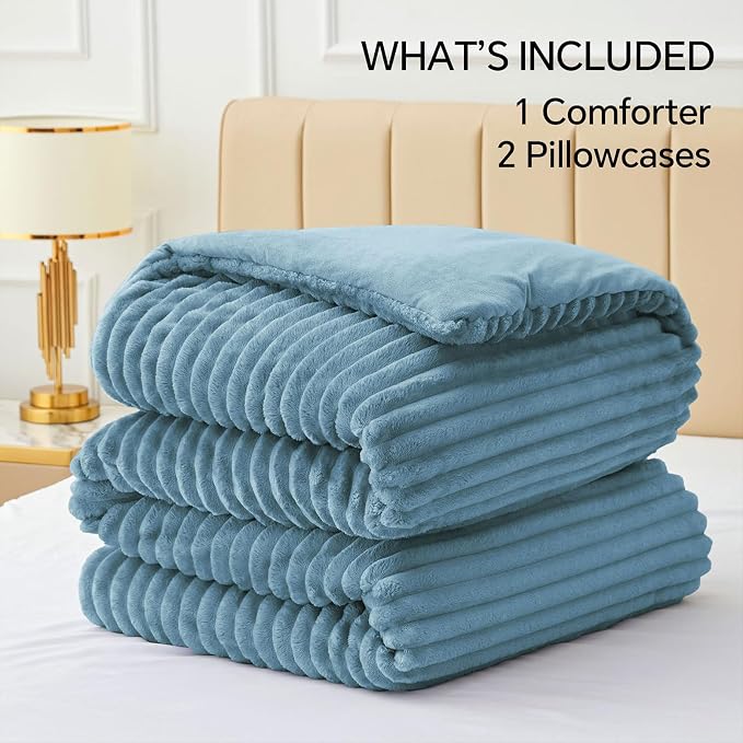 BEDELITE Fleece Full Comforter Set -Super Soft & Warm Fluffy Blue Fog Bedding - Image 6