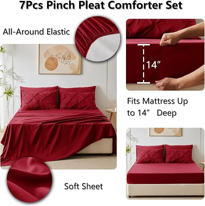 HIMEET Pintuck Bed in a Bag, 7 Pieces King Size Comforter Set Dark Red - Image 6