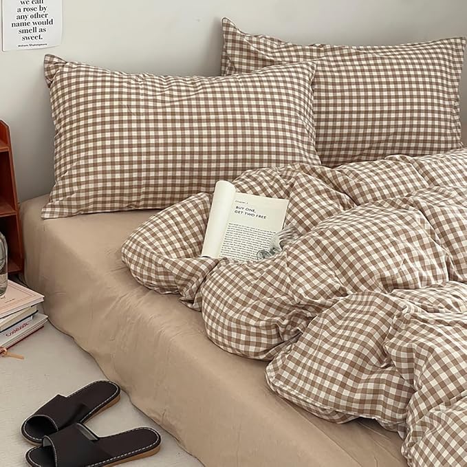 Nayoroom Brown Gingham Duvet Cover Full Size Tan White Plaid Checkered Duvet - Image 6