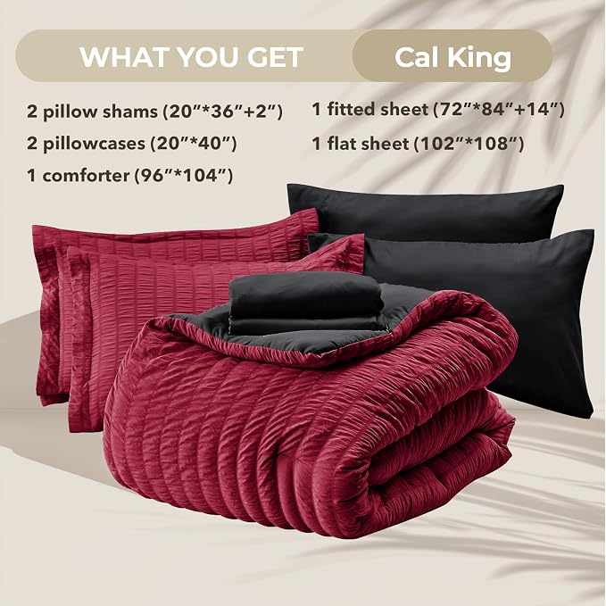 HYMOKEGE Red & Black California King Comforter Set Seersucker 7 Pieces - Image 6