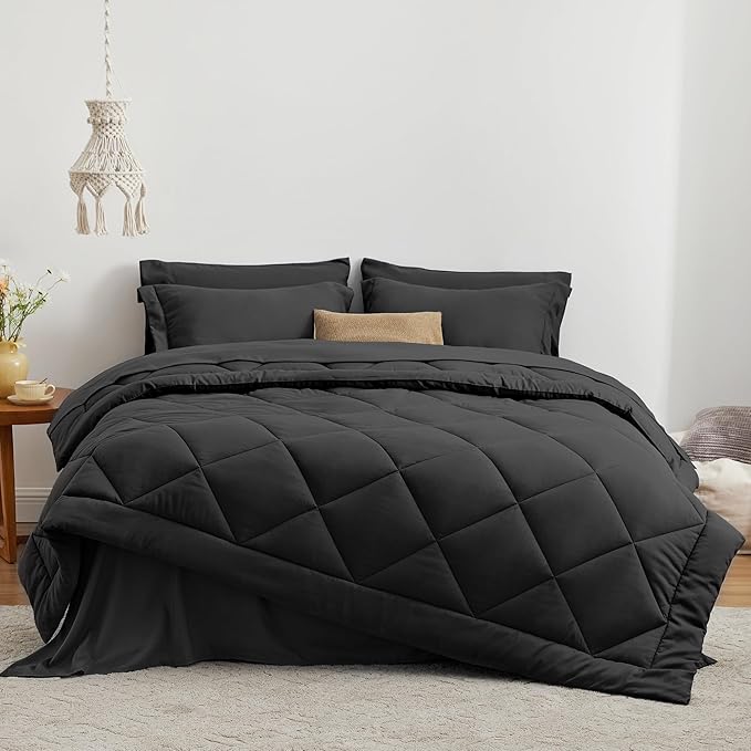 Love's cabin Queen Comforter Set Black, 7 Pieces Queen Bed in a Bag, All Season - Image 2
