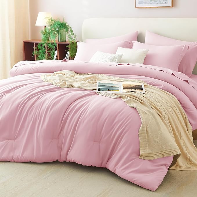 CozyLux Queen Comforter Set Pink, 7 Pieces Bed in a Bag Queen Comforter Set by CozyLux