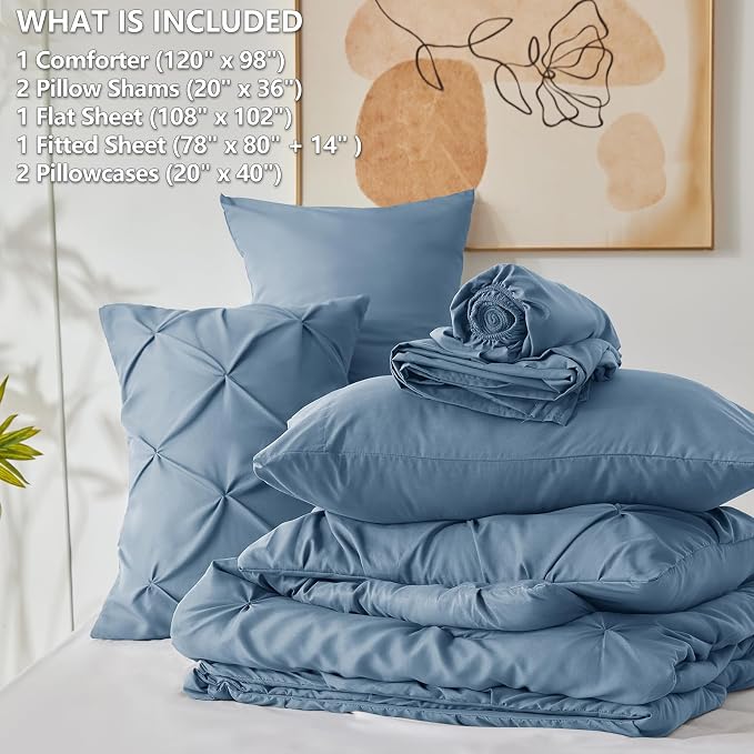 HIMEET Pintuck Bed in a Bag, 7 Pieces Oversized King Comforter Set Grayish Blue - Image 8