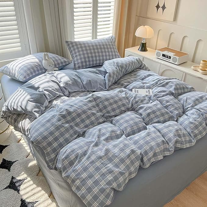 Nayoroom Plaid Duvet Cover Queen Size Blue Checkered Gingham Duvet Cover 3 Pcs - Image 3