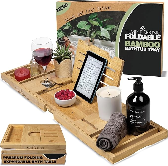 Temple Spring Foldable Bamboo Bathtub Tray Caddy by TempleSpring%7CRelaxRefreshRecharge