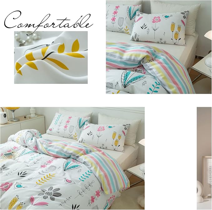 mixinni Flowers Duvet Cover for Teenage Girls Queen Size Floral Leaf Printed - Image 7