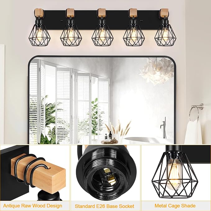 FadimiKoo 5-Light Farmhouse Wood Wall Sconces Lighting, Rustic Bathroom Wall - Image 3