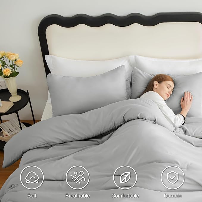 CozyLux King Size Comforter Set Light Grey, 3 Pieces Solid Comforters King Size - Image 5