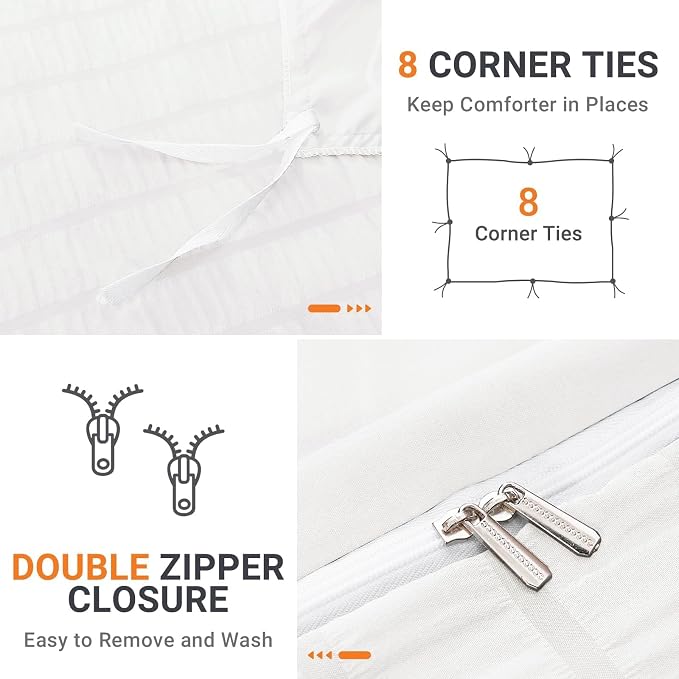 HYMOKEGE White Duvet Cover Queen Size, Ultra Soft 3-Piece Seersucker Duvet - Image 4