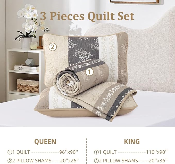 DJY Beige Quilt Set Queen Size Striped Bedspread Coverlet Set 3 Pieces Boho - Image 8
