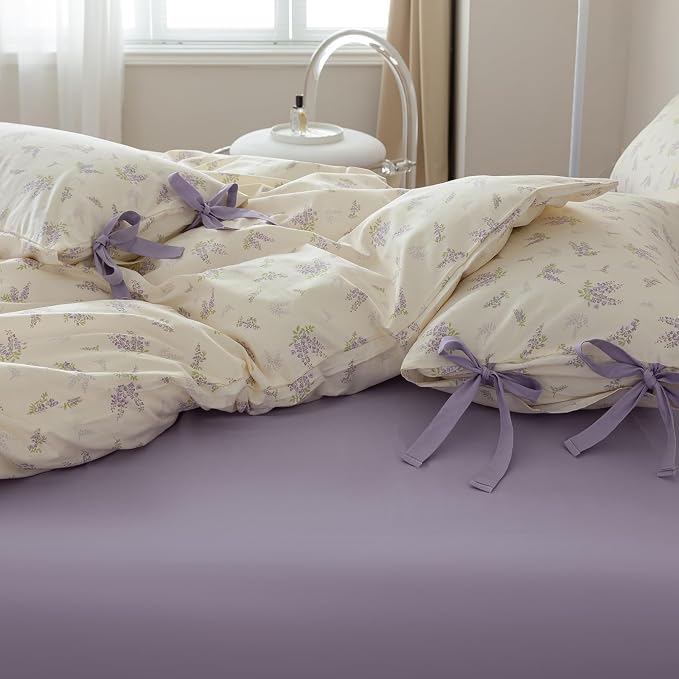 mixinni Lavender Flower Duvet Cover King Cotton Teenage Girls Flower Leaf Print - Image 3