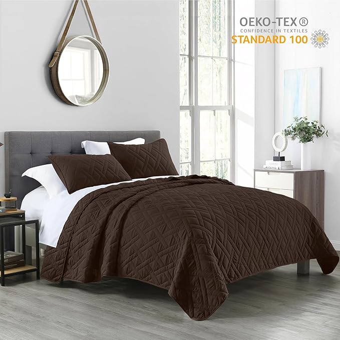 HORIMOTE HOME Quilt Set Twin Size Chocolate, Classic Geometric Diamond Stitched - Image 2