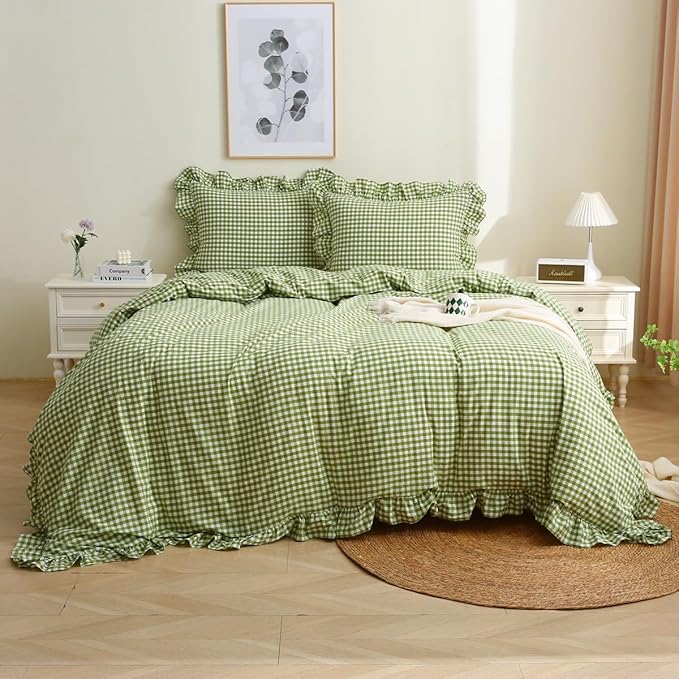 Silnuo Olive Green/White Checkered Ruffle 3-Piece Duvet Cover Set Full Size - Image 2