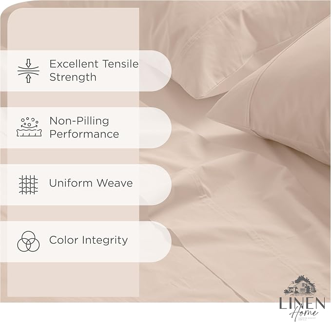 Linen Home 100% Cotton Percale Sheets California King Size, Sand Shell - Image 2
