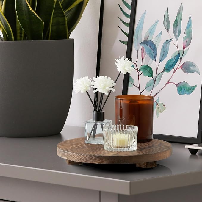 Small Round Decorative Tray Burnt Wood Bathroom Counter Organizer Pedestal - Image 3
