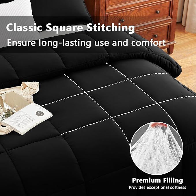 CozyLux Super King Plus Comforter Set, 3 Pieces Black 128x120 Box Stitched - Image 2