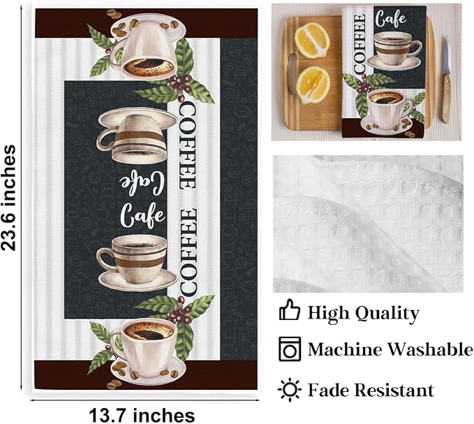 2PCS Coffee Kitchen Towels, Funny Farmhouse Rustic Reusable Absorbent Waffle - Image 2