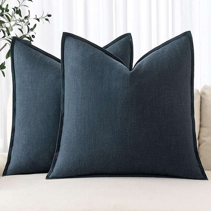 MIULEE Decorative Linen Pillow Covers 18x18 Inch Navy Blue ​Boho Farmhouse​ by MIULEE