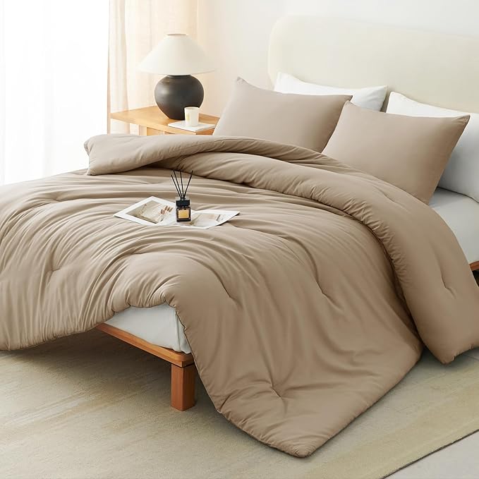 CozyLux King Size Comforter Set Taupe, 3 Pieces Solid Comforters King Size by CozyLux