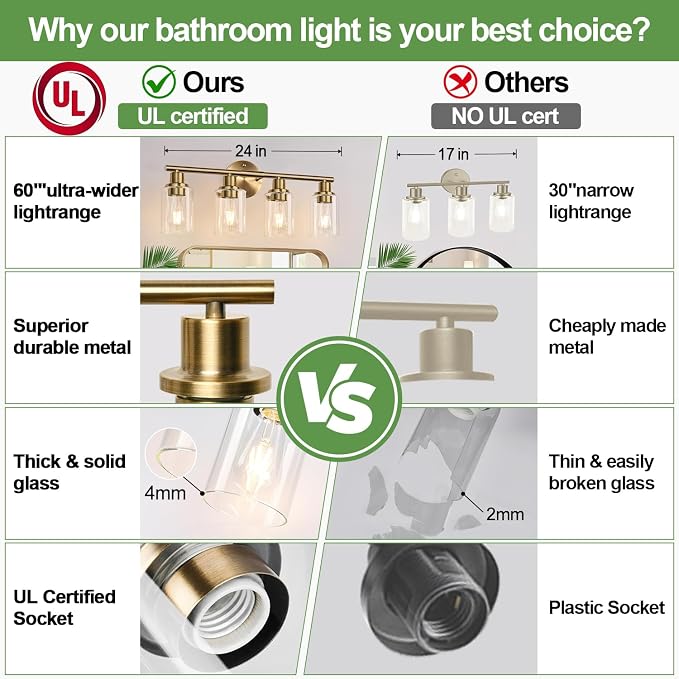 Zarbitta 4-Light Bathroom Light Fixtures, Brushed Brass Modern Vanity Lights - Image 2