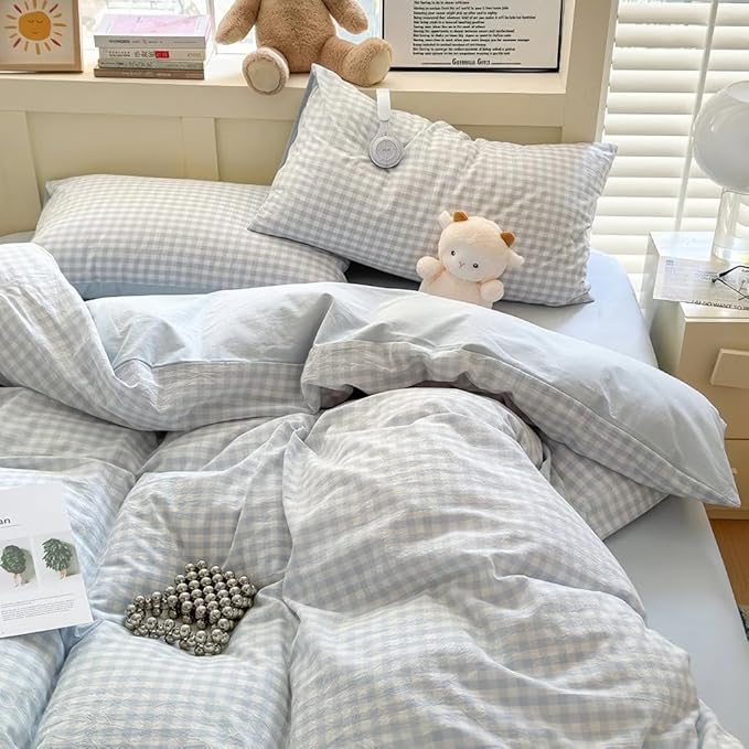 Nayoroom Gingham Duvet Cover Queen Size Reversible Blue Plaid Checkered Duvet - Image 2