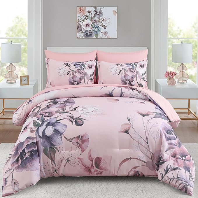 Luxudecor Floral Comforter Set Full Size 7 Piece, Blush Pink Flower Bed in a Bag by Luxudecor