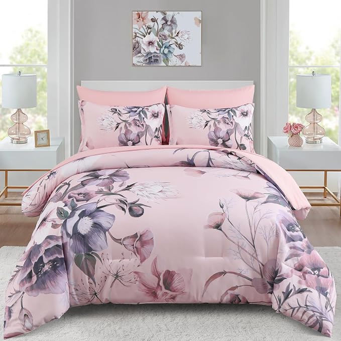 Luxudecor Floral Comforter Set King Size 7 Piece, Blush Pink Flower Bed in a Bag by Luxudecor