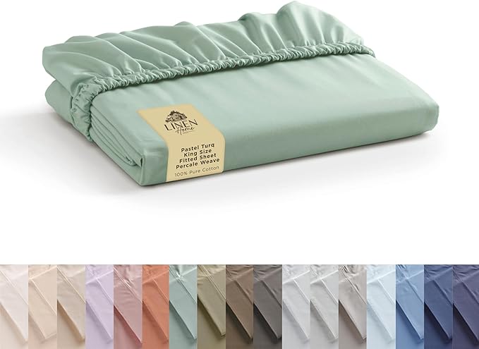 Linen Home 100% Cotton Percale Weave King Fitted Sheet, Deep Pocket, Crisp & by LINENHOME