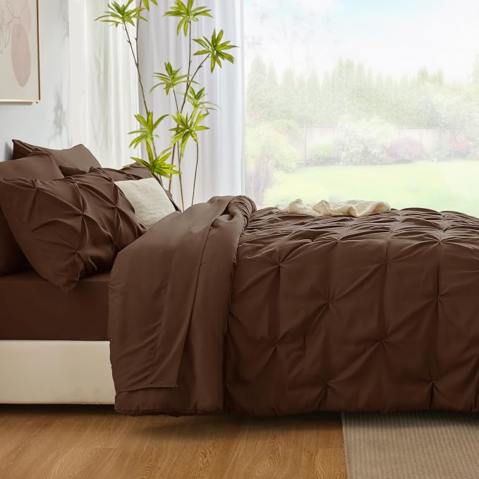 CozyLux Full Size Comforter Sets Brown, 7 Pieces Pintuck Bed in A Bag Brown - Image 9