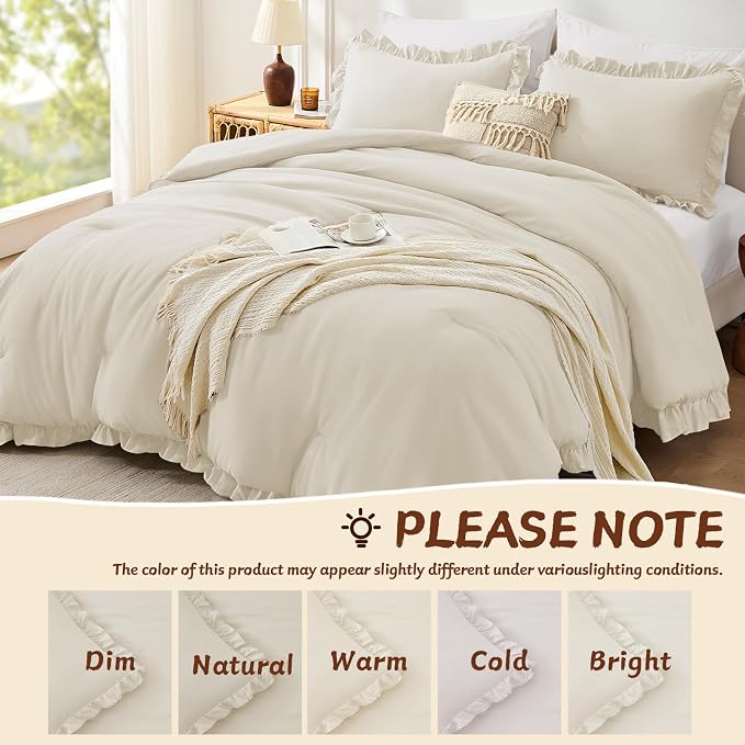 FUANNA Full Size Comforter Sets Cream White, 3 Pieces Ruffle Full Size Bedding - Image 7