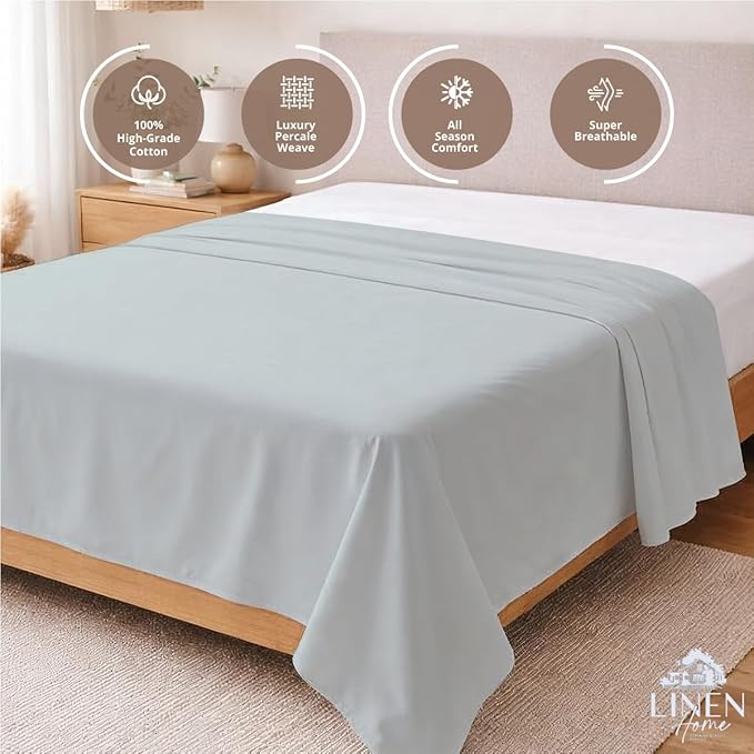 Linen Home 100% Cotton Percale 1 Flat Sheet, Queen Size - Image 3