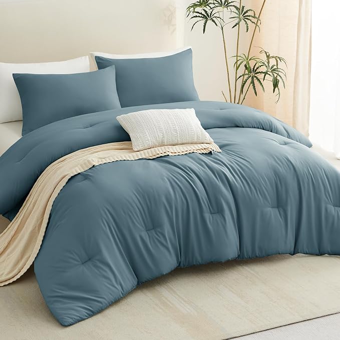 CozyLux Queen Comforter Set Mineral Blue, 3 Pieces Solid Comforters Queen Size - Image 8