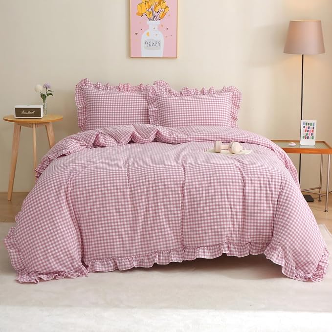 Silnuo Vintage Pink/White Plaid Ruffle 3-Piece Duvet Cover Set Full Size by Silnuo
