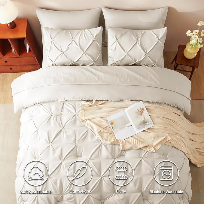 CozyLux Queen Comforter Set Oatmeal, 7 Pieces Pintuck Bed in A Bag, Premium - Image 2