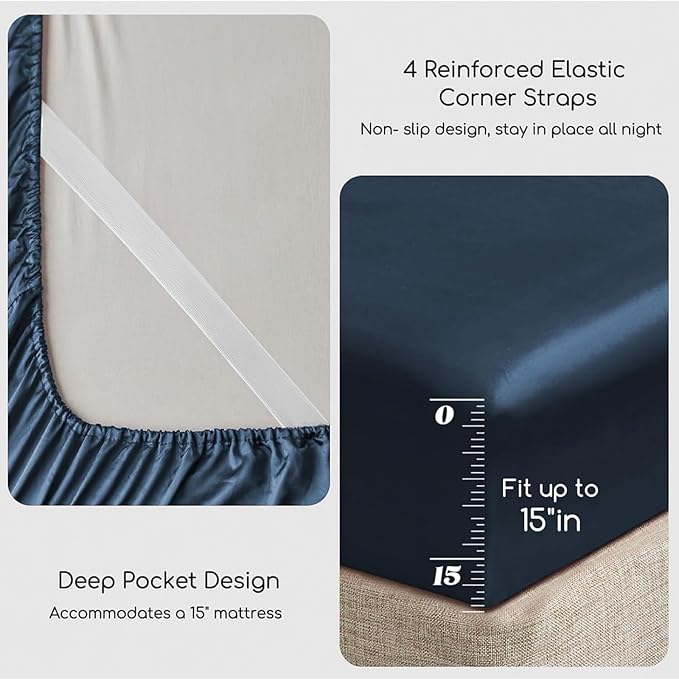 MR&HM Satin Bed Sheets with Elastic Corner Straps, Full Size Sheets Set - Image 4