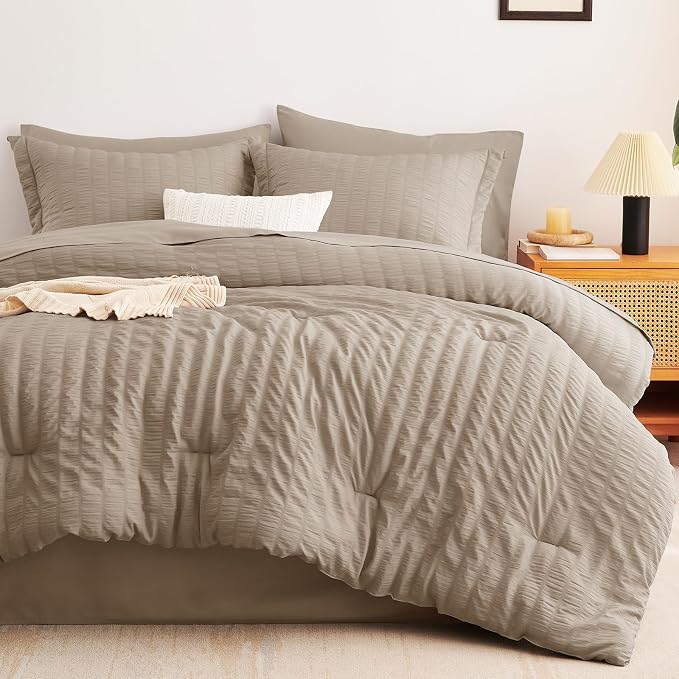 CozyLux Queen Comforter Set Khaki Seersucker 7 Pieces Bed in a Bag Queen - Image 9