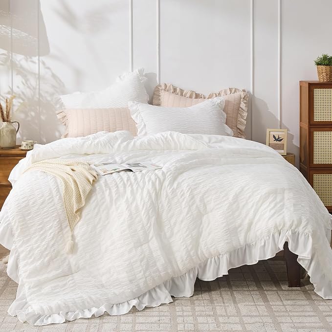 JOLLYVOGUE White Twin Size Comforter Set, 2 Pieces Seersucker Lightweight by JOLLYVOGUE