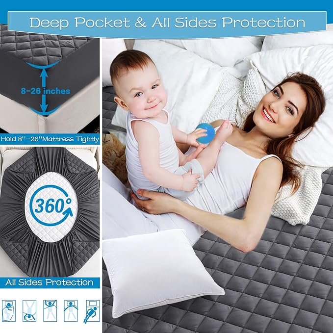 GRT Cal King Size Grey Quilted Fitted Mattress Pad, 100% Waterproof Breathable - Image 4