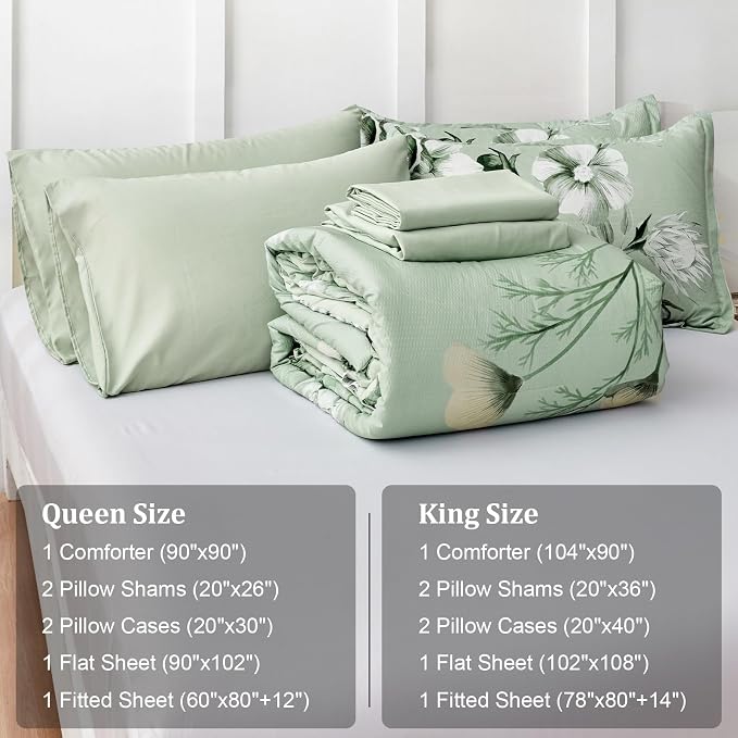 Luxudecor Floral Comforter Set Queen Size 7 Piece, Sage Green Flower Bed in a - Image 7