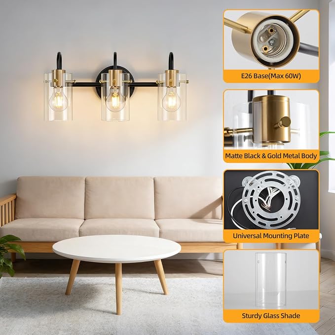 3 Light Bathroom Vanity Light, Modern Wall Sconces Wall Lamp over Mirror - Image 4