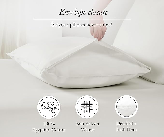 100% Egyptian Cotton Pillow Cases, King Size Pillow Cases Set of 2, Sateen Weave - Image 7