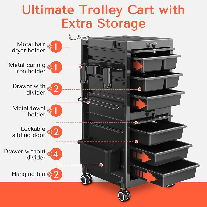 TASALON Professional Rolling Salon Cart, 6-Drawer Storage Trolley - Image 3