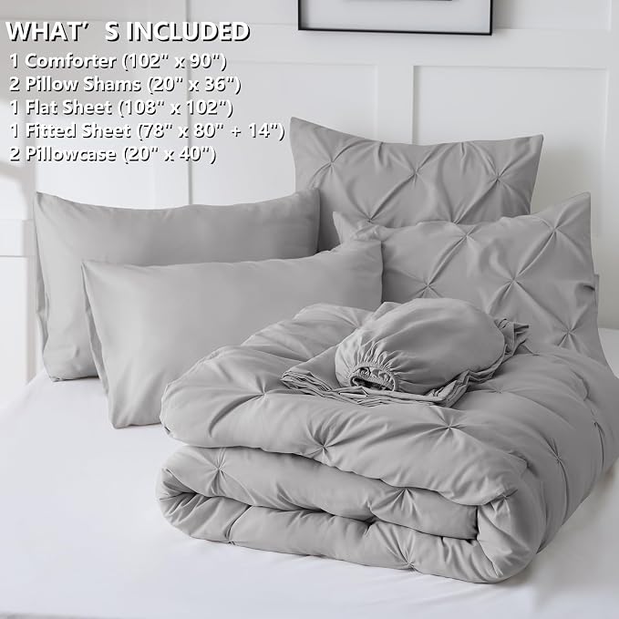 HIMEET Pintuck Bed in a Bag, 7 Pieces King Size Comforter Set Light Grey - Image 8